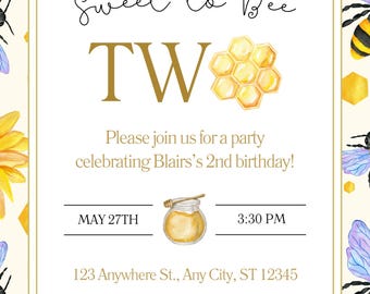 スイート トゥ ビー ツー バースデー招待状、ビー テーマ、ハチミツ テーマ
