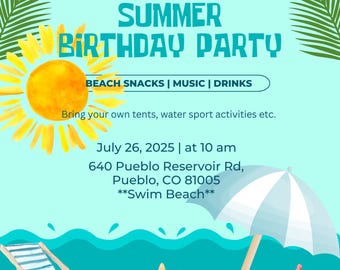 ビーチや湖畔での誕生日パーティーの招待状。お子様の誕生日パーティーの招待状