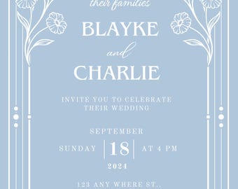 青と白の花柄の結婚式招待状、ペリウィンクル