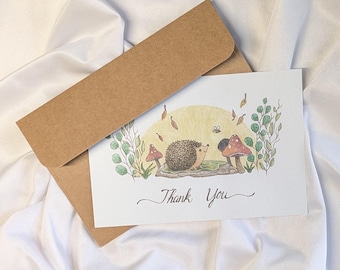Tarjetas de agradecimiento de erizo, juego de tarjetas con acuarela de bosque