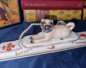 Antique Meissen Porcelain Small 4” Pug Dog W/blue Collar Figurine