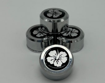 Hawaiian Flower Decal License Plate Frame Screw Covers for Car Truck SUV Motorcycles in Chrome - Set of 4