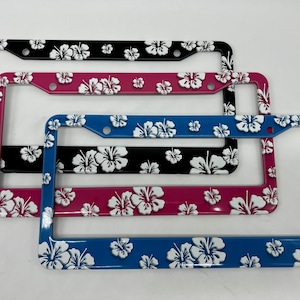 Hawaiian Flower Print Aluminum License Plate Frame - Fits Standard License Plates - 3 Color Options
