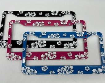 Hawaiian Flower Print Aluminum License Plate Frame - Fits Standard License Plates - 3 Color Options