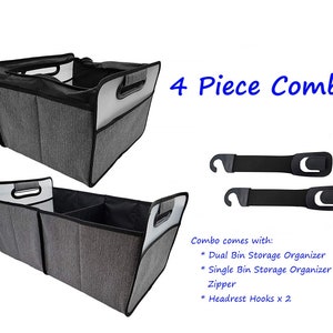Combo de almacenamiento para automóvil de 4 piezas: 2 ganchos para reposacabezas + 1 organizador de almacenamiento plegable de doble compartimento + 1 organizador de almacenamiento plegable de un solo compartimento con cremallera