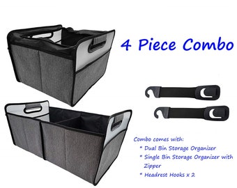 4 Piece Car Storage Combo: 2 Headrest Hooks + 1 Dual Bin Collapsible Storage + 1 Single Bin Collapsible Storage Organizer with Zipper