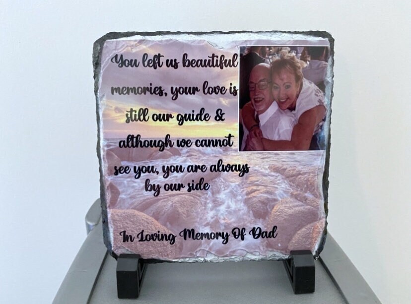 Circle Memorial Photo Rock Slate Personalised Plaque & Stand With Your Image 