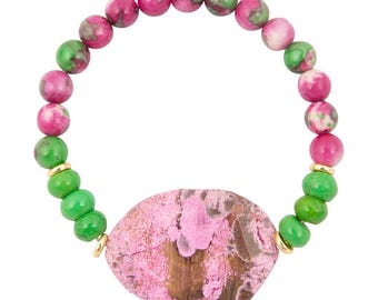 Watermelon Pink Jasper and Green Jade Stretch Bracelet