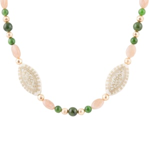 Green Jade and Pink Sunstone Golden Necklace