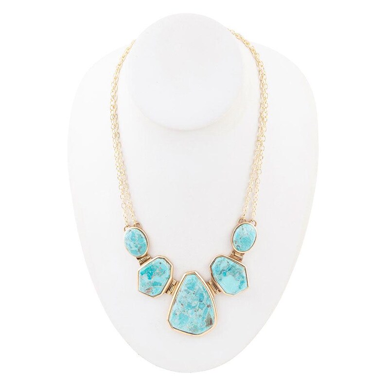 Barcelona Blue Turquoise and Mother of Pearl Golden Statement Necklace