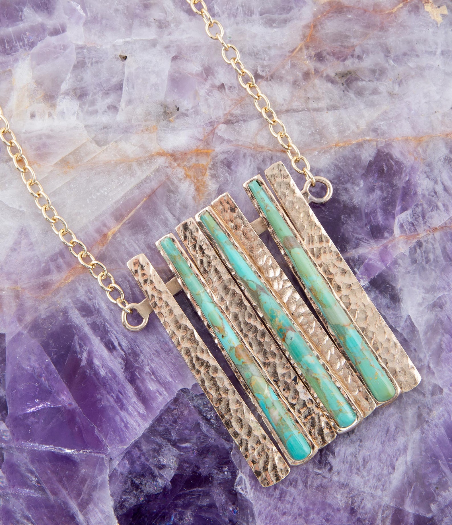 Aztec Blue Turquoise and Golden Bronze Fan Necklace - Etsy