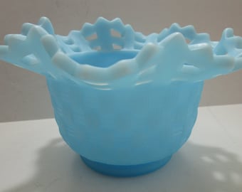 Vintage Fenton Glass Powder Blue Satin Basket Weave Bowl