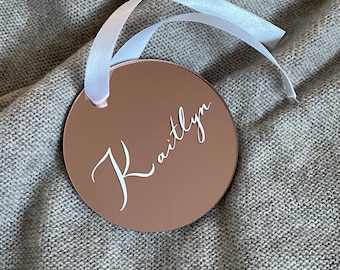 Rose Gold Mirrored Ornament | Round Ornament | Personalized Vinyl Calligraphy Ornament | Gift Tag | Place Card | Gift for Her | Christmas
