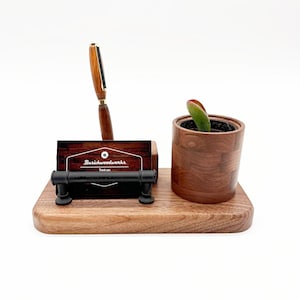 Handcrafted Wooden Desk Organizer with Pen, Business Card Holder & Planter | Walnut Desktop Caddy Gift