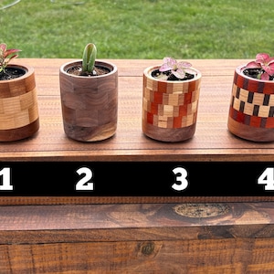 May include: Four wooden planters with different wood patterns and small plants inside. The planters are numbered 1 through 4.
