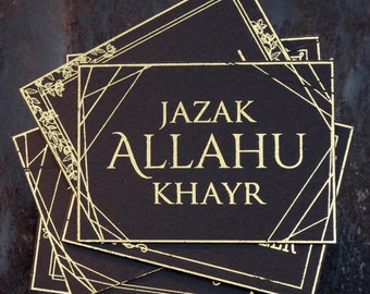 Double Pack #02 · Jazak Allahu Khayr & Barak Allahu Feek Mini Cards · Gold Foil on Black Cardstock · Islamic Lineart Design