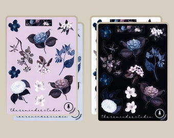 Midnight Florals · Dusty Pastel Tones · Thematic Stickers · Pack of One or Four Sheets · For Layering in Journaling, Scrapbooking, Planners