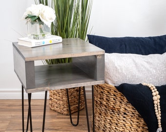 Gray Side table, Mid-century end table, Rustic Modern nightstand, wood side table, custom side table