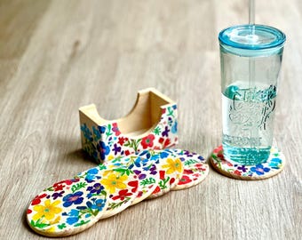 Handmade Floral Decoupage Coaster Set of 6 with Holder