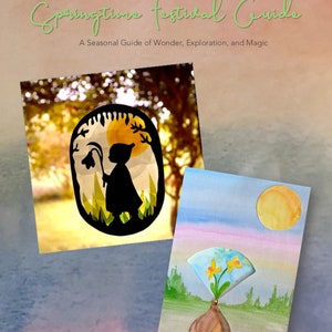 Könnte beinhalten: Ein Leitfaden mit dem Titel "Springtime festival Guide" mit Aquarellillustrationen. Eine Illustration zeigt die Silhouette einer Person und einer Blume. Die andere zeigt eine Blume, die aus einer Zwiebel sprießt. Der Untertitel des Leitfadens lautet "A Seasonal Guide of Wonder, Exploration, and Magic."