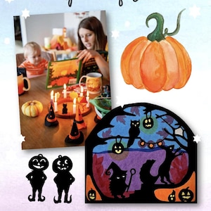 Puede incluir: Una celebración de Halloween caprichosa con un niño leyendo un libro, una calabaza y una manualidad de silueta de gato negro. La manualidad presenta un gato negro, un búho y una calabaza con una cara de calabaza.