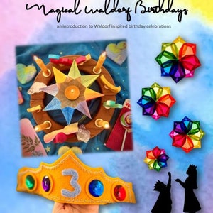 Op de afbeelding: Een gele vilten verjaardagskroon met het nummer 3 en kleurrijke edelsteenaccenten. De afbeelding bevat ook een houten kandelaar, stervormige decoraties en silhouetten van kinderen.