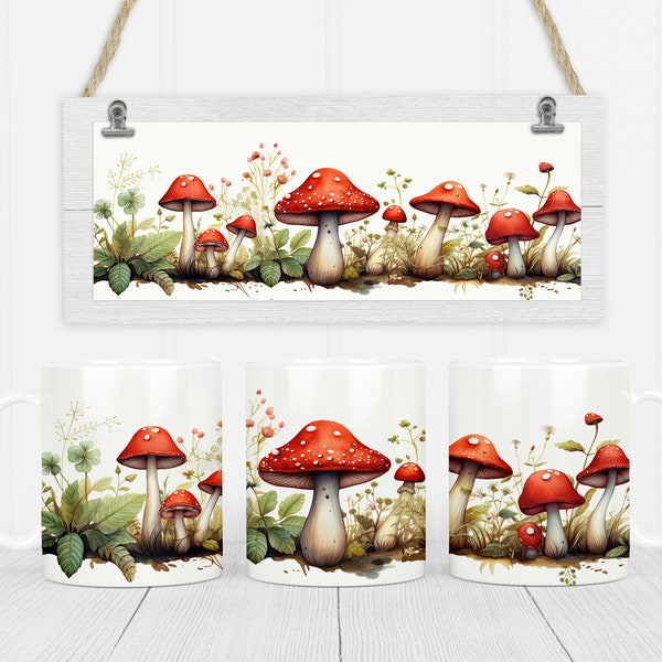 Mushroom 11 oz and 15 oz mug sublimation design digital download PNG Instant Download, Mug, Mushroom Mug Design