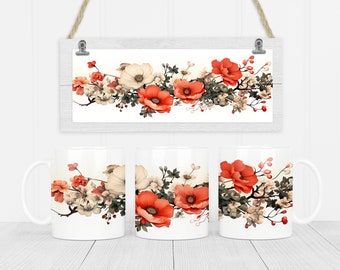Flores 11 oz y 15 oz taza diseño de sublimación descarga digital PNG Descarga instantánea, Taza, Diseño de taza de flores