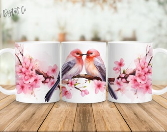Pájaros 11 oz y 15 oz taza diseño de sublimación descarga digital PNG Descarga instantánea, Taza, Diseño PNG de pájaro