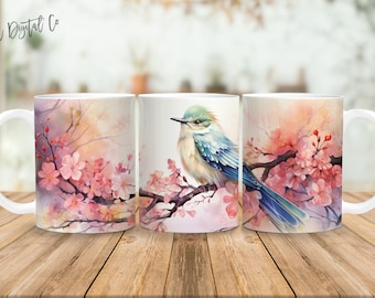 Taza de pájaro 11 oz y 15 oz taza diseño de sublimación descarga digital PNG Descarga instantánea, Taza, Diseño de pájaro PNG