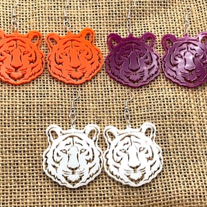 Tiger Face Earrings / Game Day Dangles / College Team / For Clemson LSU Auburn Tigers Fans / Mascot Orange Purple White & More colors