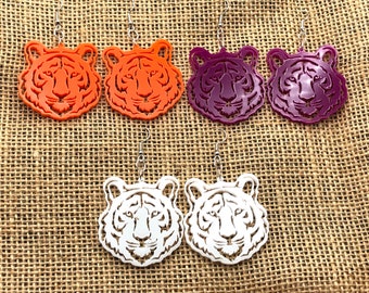 Tiger Face Earrings / Game Day Dangles / College Team / For Clemson LSU Auburn Tigers Fans / Mascot Orange Purple White & More colors