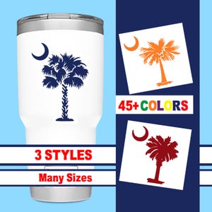 May include: A white stainless steel tumbler with a blue palm tree and crescent moon design. The text "3 STYLES" and "Many Sizes" is printed on the bottom of the tumbler. The image also shows three different versions of the design in orange, red, and blue.