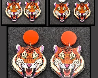 Tiger Face Earrings / Game Day Dangles / College Team / For Clemson LSU Auburn Tigers Fans / Mascot Orange Purple White & More colors