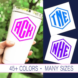 May include: Two hexagon-shaped monogram decals with white outlines. The first decal is blue with the letters "TNE" in white. The second decal is purple with the letters "NHE" in white. The decals are shown on a white background.
