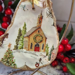 Decoupaged Church Oyster Shell Christmas Ornament: Gold Accent