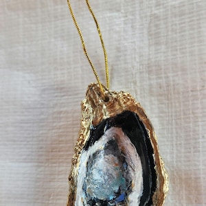 Hand-Painted Oyster Shell Ornament: Black & Gold Coastal Decor