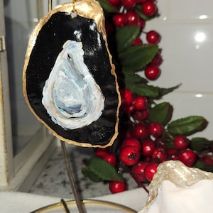 Hand-Painted Oyster Shell Ornament: Black & Gold Coastal Decor