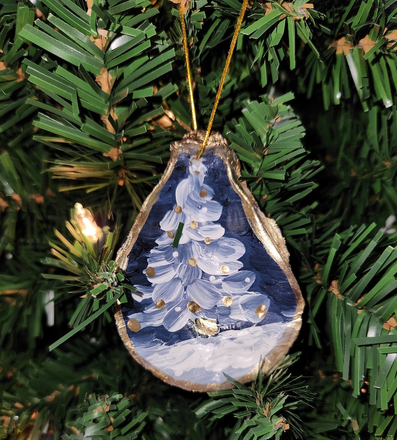Painted Christmas Tree Nighttime Blue With Snow Ornament Oyster Shell