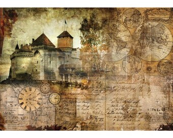 Tissue Paper A1 size **  Hilltop Castle   ** Prima Redesign Decoupage Rice Paper