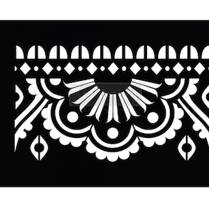 May include: Black and white stencil with a decorative border featuring a repeating pattern of circles, diamonds, and arches. The design is reminiscent of traditional Mexican folk art.