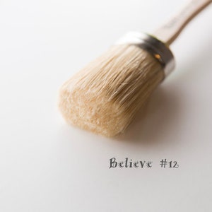 May include: A round, natural-bristle paintbrush with a light wooden handle and a silver metal ferrule. The text "Believe #12" is printed in gray below the brush. The brush is set against a white background.