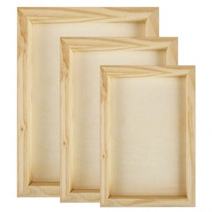May include: Three wooden canvas frames of different sizes. The frames are made of natural wood and have a light brown color.