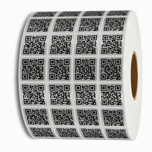 May include: A roll of adhesive labels featuring a repeating grid of black and white square QR codes. The labels are arranged in four columns on a white backing paper, with each individual sticker displaying a unique digital matrix pattern.