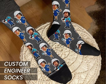 Personalized Engineer Socks: Custom Face Cartoon Gift