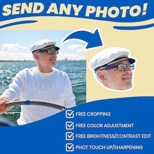 May include: A photo editing service advertises free cropping, color adjustment, brightness and contrast editing, and photo touch up and sharpening. The ad features a man wearing a white captain's hat and sunglasses, steering a boat on the water.
