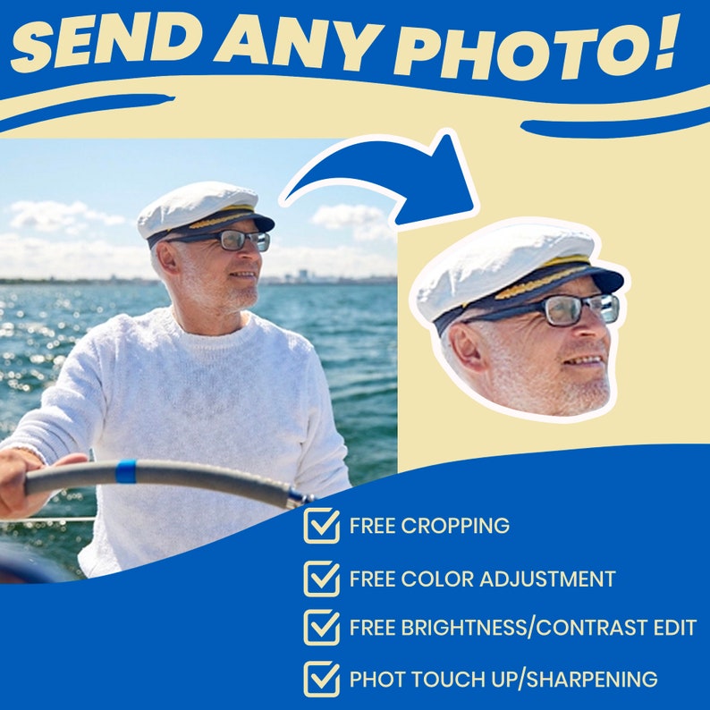 May include: A photo editing service advertises free cropping, color adjustment, brightness and contrast editing, and photo touch up and sharpening. The ad features a man wearing a white captain's hat and sunglasses, steering a boat on the water.