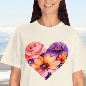 Flowers In Heart Tee, Gift For Mom,Gift For Women,Vintage Floral Tee,Gift For Daughter,Casual Wear,  School Wear,  Gift for all Occastions