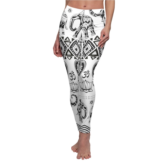 White Black Elephant Leggins Design Women's Casual Yoga Pants Boho