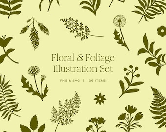 Hand-Drawn Floral & Foliage Illustration Set | Botanical Ferns and Flowers